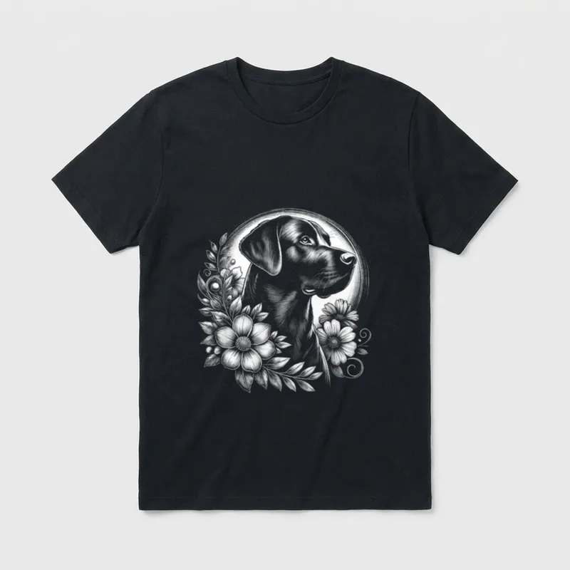 Kunstvoller Labrador mit Blumen T-Shirt – Klassisches T-Shirt in Schwarz