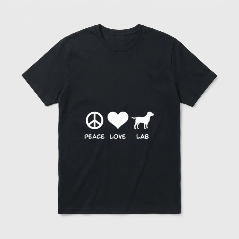 Peace Love Labrador T-Shirt – Weiße Peace-Symbolik, Herz und Lab-Silhouette mit Text – Klassisches T-Shirt in Schwarz