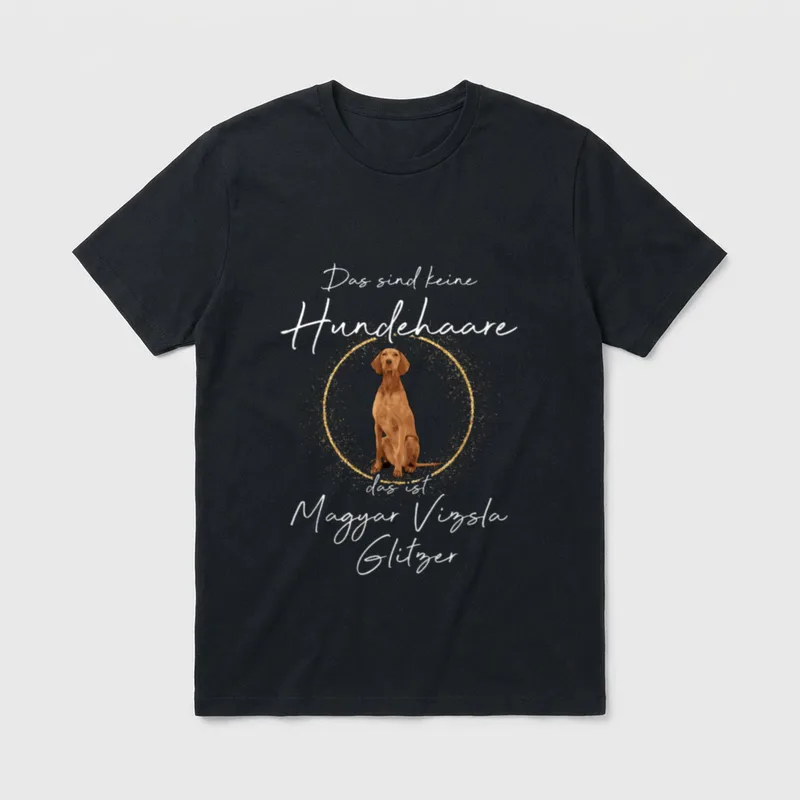 Das ist Magyar Vizsla T-Shirt – Sitzender Magyar Vizsla vor goldenem Glitzer-Kreis mit Text – Klassisches T-Shirt in Schwarz