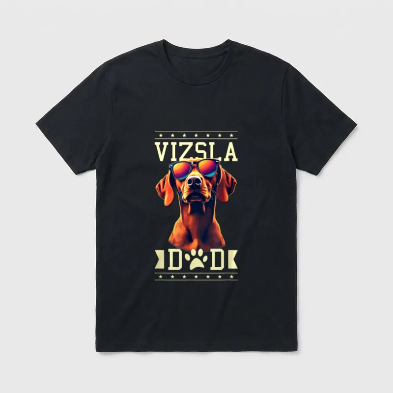 Vizsla Dad Hungarian Vizsla T-Shirt – Goldener Vizsla mit Sonnenbrille und VIZSLA DAD Text – Klassisches T-Shirt in Schwarz