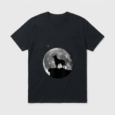 Malinois Hunde T-Shirt 0018 – Hund-Silhouette vor Vollmond und Sternenhimmel – Klassisches T-Shirt in Schwarz