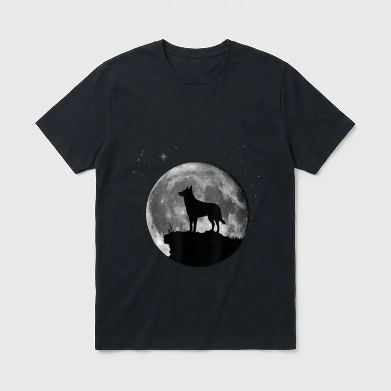Malinois Hunde T-Shirt 0018 – Hund-Silhouette vor Vollmond und Sternenhimmel – Klassisches T-Shirt in Schwarz