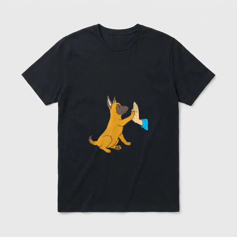 Malinois T-Shirt 0045 – Sitzender Malinois gibt einer blauen Hand das High Five – Klassisches T-Shirt in Schwarz