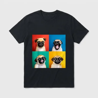 Mops Welpen Porträt Fotos T-Shirt – Vier Mops-Welpen-Porträts auf rot, blau, grün und gelb – Klassisches T-Shirt in Schwarz