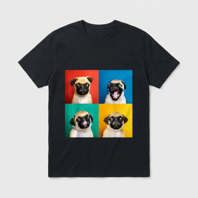 Mops Welpen Porträt Fotos T-Shirt – Vier Mops-Welpen-Porträts auf rot, blau, grün und gelb – Klassisches T-Shirt in Schwarz