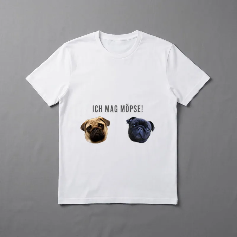 Mops Mops Pug Baby T-Shirt – Aufdruck ICH MAG MÖPSE! mit zwei realistischen Mopsköpfen – Klassisches T-Shirt in Schwarz