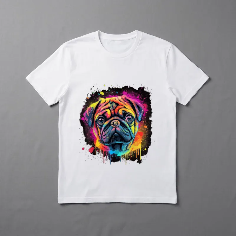 Pug Mops Hund Hunde T-Shirt – Buntes Pop-Art Porträt eines Mopses mit Farbspritzern – Klassisches T-Shirt in Schwarz