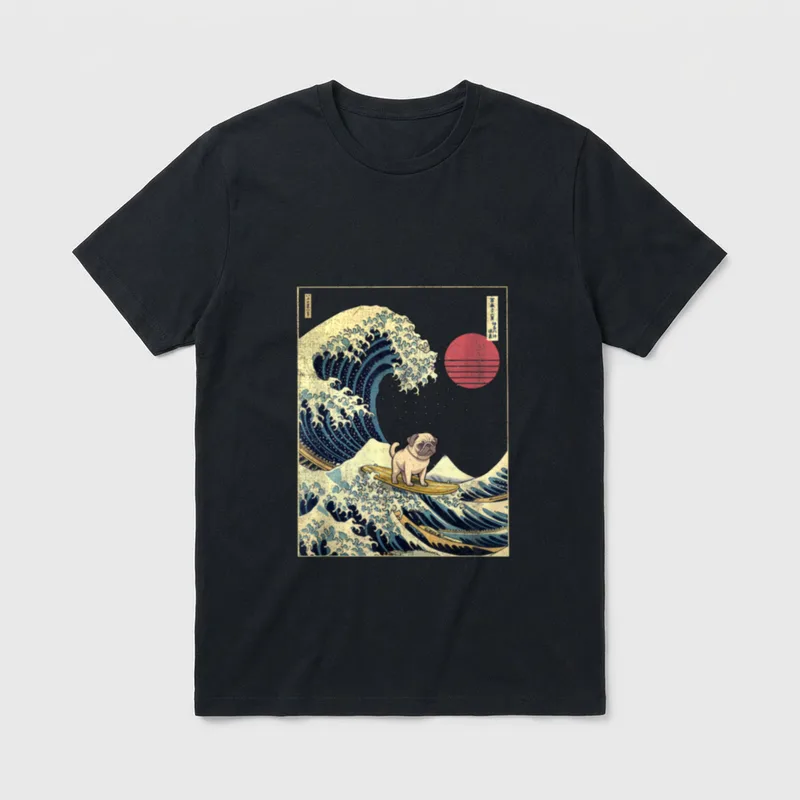Mops Japanischer Kanagawa Wave T-Shirt – Klassisches T-Shirt in Schwarz
