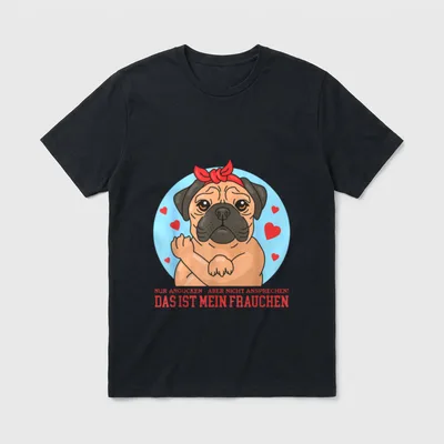 Das ist mein Frauchen T-Shirt – Mops mit rotem Kopftuch und Text Das ist mein Frauchen – Klassisches T-Shirt in Schwarz
