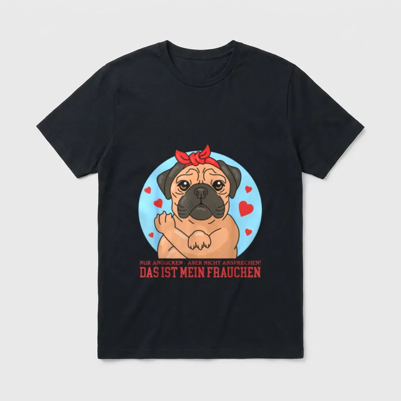 Das ist mein Frauchen T-Shirt – Mops mit rotem Kopftuch und Text Das ist mein Frauchen – Klassisches T-Shirt in Schwarz