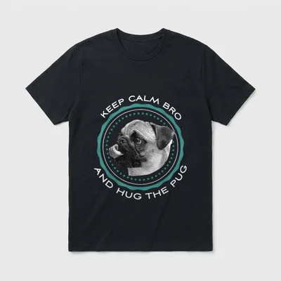 Mops T-Shirt 0060 – Keep Calm Bro And Hug The Pug Text um einen Mops Kopf im Stichstich-Look – Klassisches T-Shirt in Schwarz