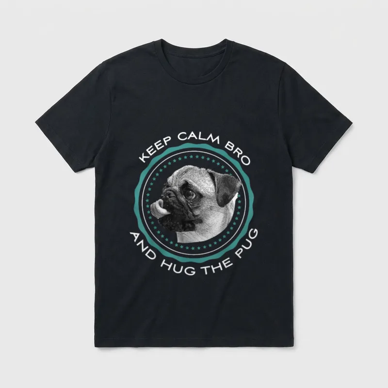 Mops T-Shirt 0060 – Keep Calm Bro And Hug The Pug Text um einen Mops Kopf im Stichstich-Look – Klassisches T-Shirt in Schwarz