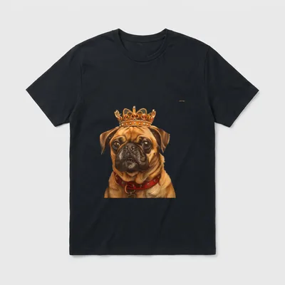 Puggle Hund Puggle T-Shirt – Mops mit goldener Krone und rotem Halsband im Porträtstil – Klassisches T-Shirt in Schwarz