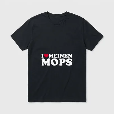Ich liebe meinen Mops T-Shirt – Schriftzug I Herz MEINEN MOPS in Weiß mit rotem Symbol – Klassisches T-Shirt in Schwarz