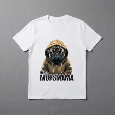 Mops Beste Mopsmama T-Shirt – Mops in brauner Kapuzenjacke mit dem Aufdruck Beste Mopsmama – Klassisches T-Shirt in Schwarz