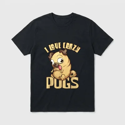 Hund Mama Hund Papa T-Shirt – Cartoon Mops mit Zunge und Text I Love Crazy Pugs – Klassisches T-Shirt in Schwarz