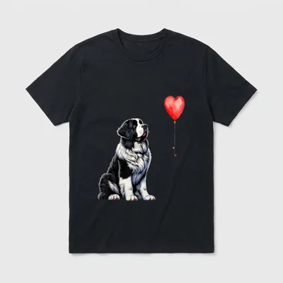Landseer Hund T-Shirt – Sitzender schwarz-weißer Landseer mit Blick auf roten Herzballon – Klassisches T-Shirt in Schwarz