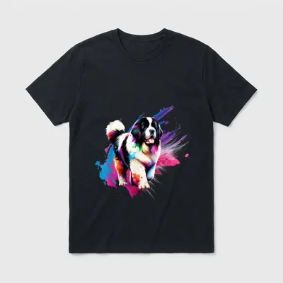 Landseer Hund T-Shirt 0051 – Bunter Neufundländer mit Farbspritzern und Pinselstrichen – Klassisches T-Shirt in Schwarz
