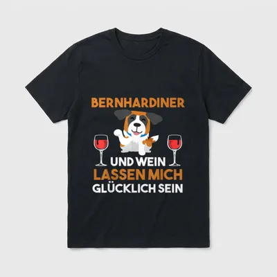 Bernhardiner und Wein T-Shirt – Cartoon Bernhardiner mit zwei Rotweingläsern und Text – Klassisches T-Shirt in Schwarz