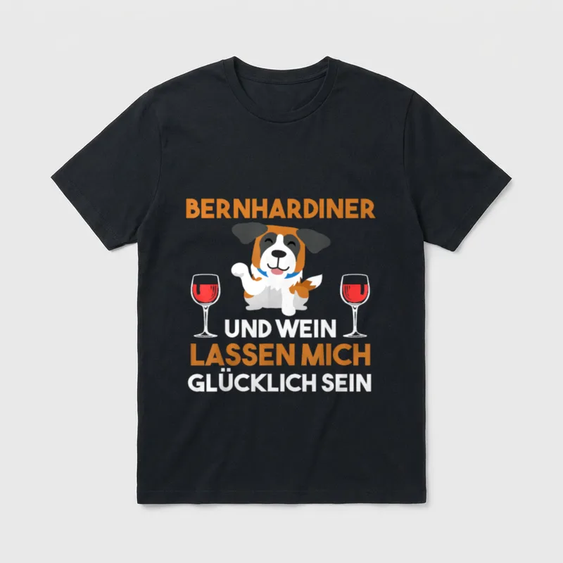 Bernhardiner und Wein T-Shirt – Cartoon Bernhardiner mit zwei Rotweingläsern und Text – Klassisches T-Shirt in Schwarz