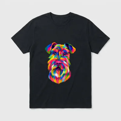 Pop Art Schnauzer Hund T-Shirt – Bunter Pinscher Kopf im Pop Art Stil mit vielen Farben – Klassisches T-Shirt in Schwarz