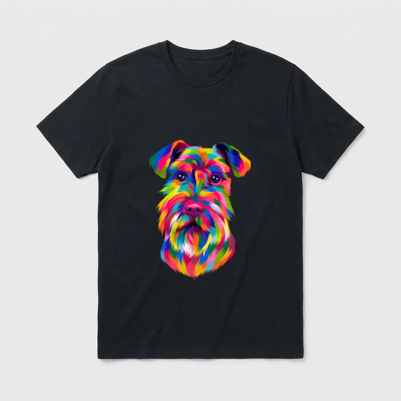 Pop Art Schnauzer Hund T-Shirt – Bunter Pinscher Kopf im Pop Art Stil mit vielen Farben – Klassisches T-Shirt in Schwarz