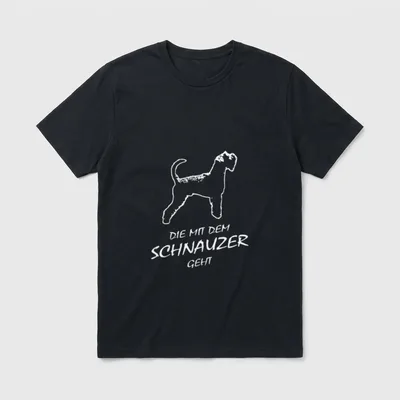 Hunde T-Shirt 0177 – Weißer Strichhund unter dem Schriftzug DIE MIT DEM SCHNAUZER GEHT – Klassisches T-Shirt in Schwarz