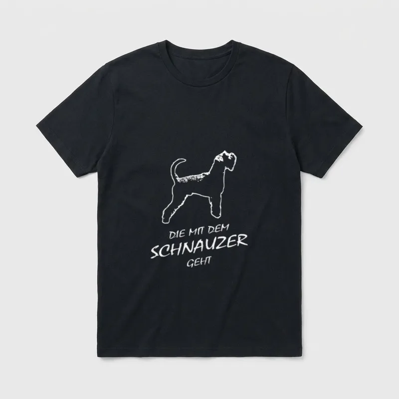 Hunde T-Shirt 0177 – Weißer Strichhund unter dem Schriftzug DIE MIT DEM SCHNAUZER GEHT – Klassisches T-Shirt in Schwarz