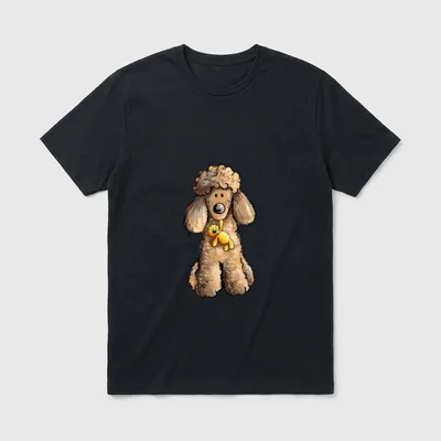MODARTIS Süßer Pudel T-Shirt – Brauner Pudel mit gelbem Teddybär im Cartoon-Stil – Klassisches T-Shirt in Schwarz