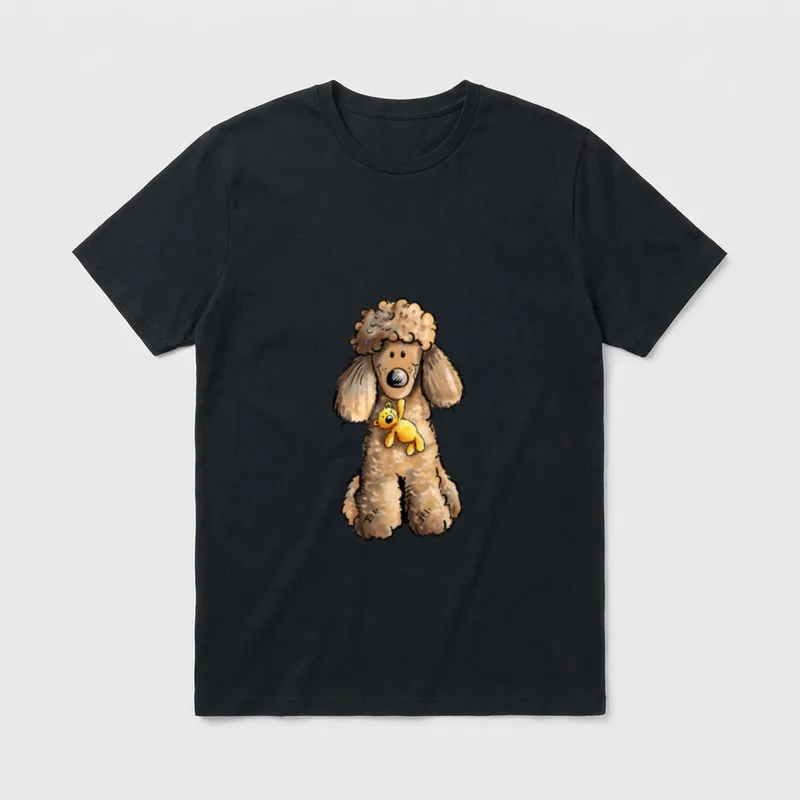 MODARTIS Süßer Pudel T-Shirt – Brauner Pudel mit gelbem Teddybär im Cartoon-Stil – Klassisches T-Shirt in Schwarz