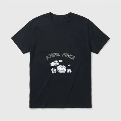 Pudel Power Cartoon I T-Shirt – Comic-Pudel mit Fliegerhaube und POODLE POWER Text – Klassisches T-Shirt in Schwarz