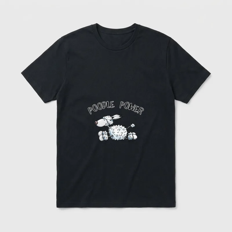 Pudel Power Cartoon I T-Shirt – Comic-Pudel mit Fliegerhaube und POODLE POWER Text – Klassisches T-Shirt in Schwarz
