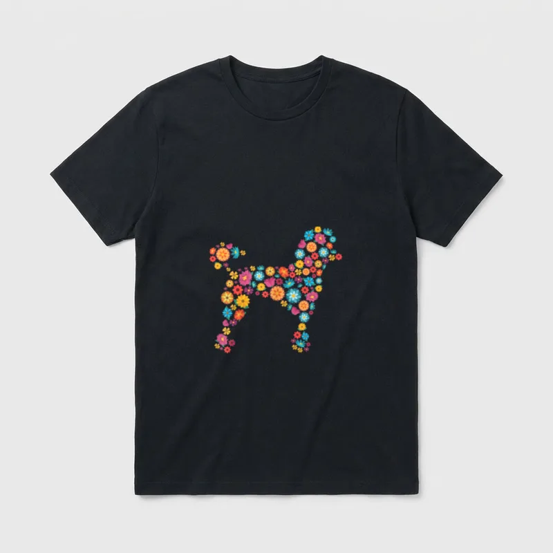 Blumen Pudel T-Shirt – Bunte Blumen-Pudel-Silhouette aus vielen kleinen Grafiken – Klassisches T-Shirt in Schwarz