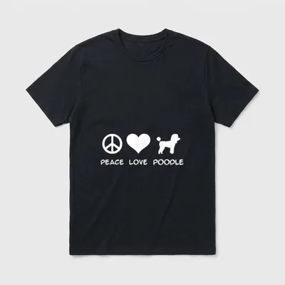 Peace Love Pudel T-Shirt – Weißes Peace-Symbol, Herz und Pudel-Silhouette mit Text – Klassisches T-Shirt in Schwarz