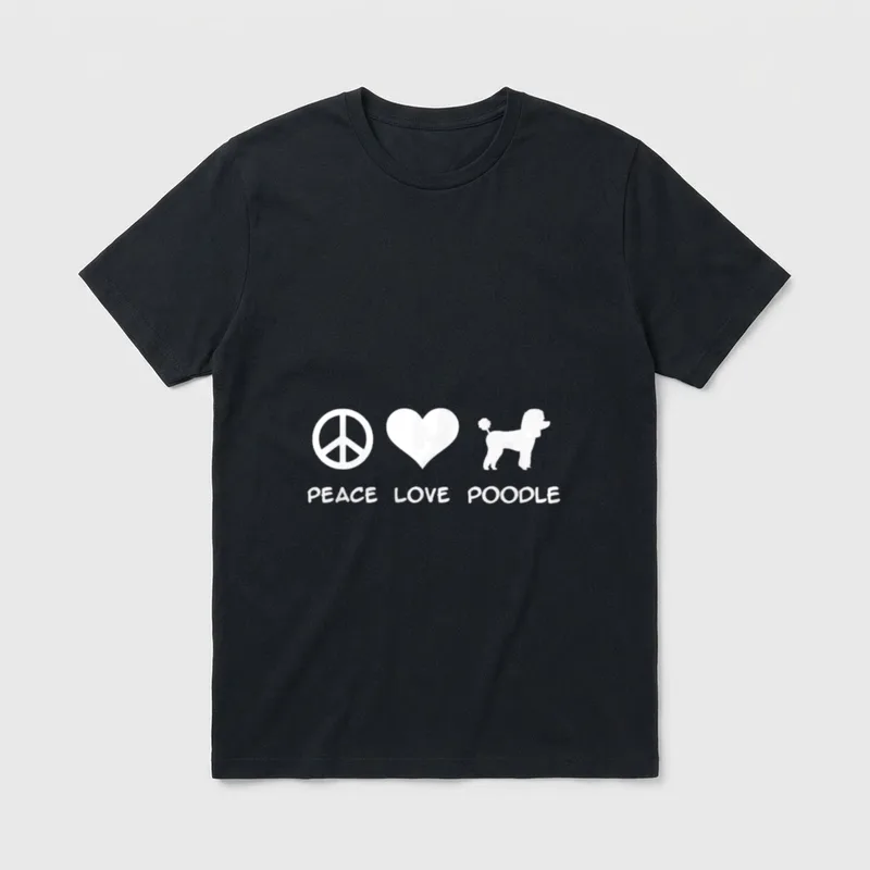 Peace Love Pudel T-Shirt – Weißes Peace-Symbol, Herz und Pudel-Silhouette mit Text – Klassisches T-Shirt in Schwarz