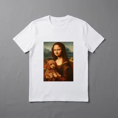 Mona Classic Golden Doodle T-Shirt – Mona Lisa Porträt mit goldenem lockigem Pudel Hund – Klassisches T-Shirt in Schwarz