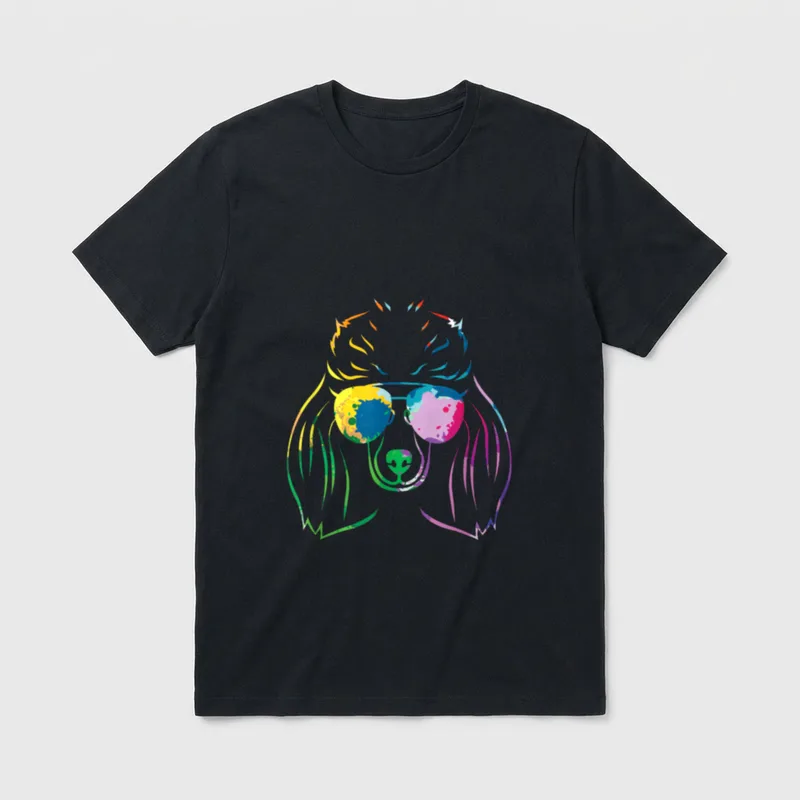 Pudel T-Shirt 0121 – Bunter abstrakter Pudelkopf mit Sonnenbrille – Klassisches T-Shirt in Schwarz