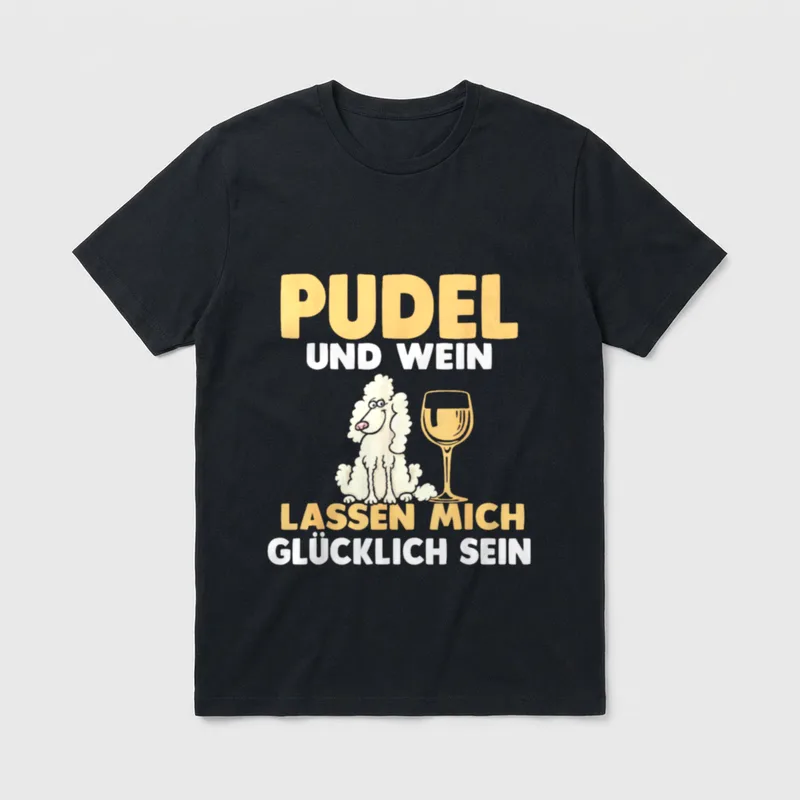 Pudel und Wein T-Shirt – Cartoon Pudel und Weinglas mit Text – Klassisches T-Shirt in Schwarz