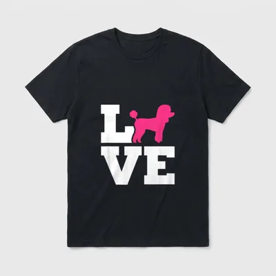 Pudel Liebe T-Shirt – Pinkes Pudel-Silhouette integriert in weiße LOVE-Buchstaben – Klassisches T-Shirt in Schwarz