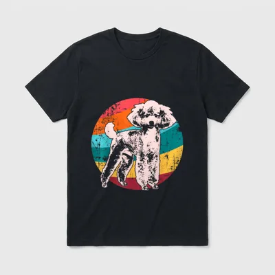 Pudel Idee T-Shirt – Retro Pudel Silhouette vor buntem Streifenkreis im Vintage-Stil – Klassisches T-Shirt in Schwarz