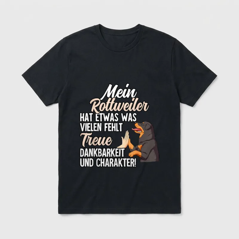 Rottweiler T-Shirt 0056 – Rottweiler gibt Highfive mit Text über Treue und Charakter – Klassisches T-Shirt in Schwarz