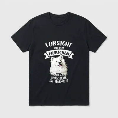 Hüten Sie sich vor T-Shirt – Samojede Porträt mit Warnbann Vorsicht vor dem Frauchen – Klassisches T-Shirt in Schwarz