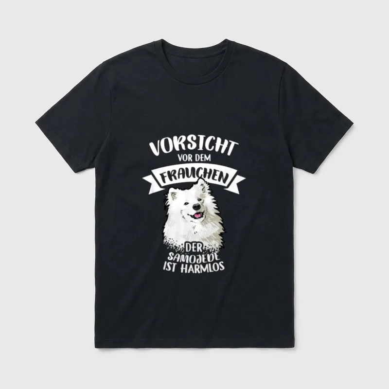 Hüten Sie sich vor T-Shirt – Samojede Porträt mit Warnbann Vorsicht vor dem Frauchen – Klassisches T-Shirt in Schwarz
