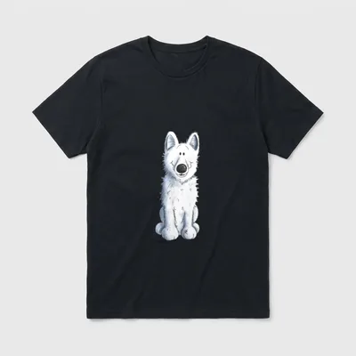Lustiger Weißer Schäferhund I T-Shirt – Weißer Comic-Schäferhund sitzend mit großen Ohren – Klassisches T-Shirt in Schwarz