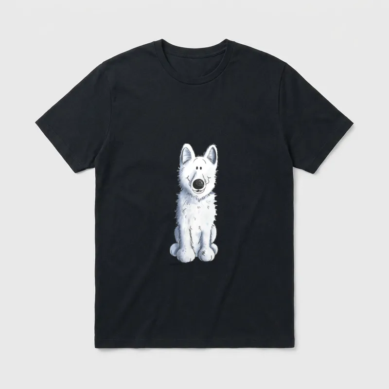 Lustiger Weißer Schäferhund I T-Shirt – Weißer Comic-Schäferhund sitzend mit großen Ohren – Klassisches T-Shirt in Schwarz