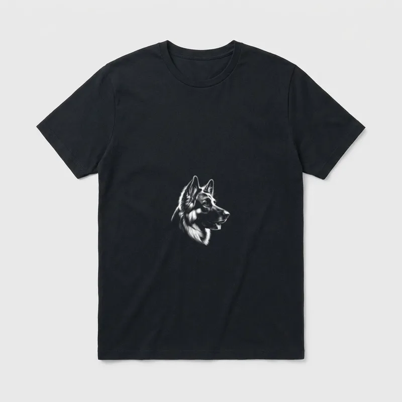 Stolzer Schäferhund-Kopf auf Brust T-Shirt – Strichzeichnung Schäferhund Kopf Seite Detail – Klassisches T-Shirt in Schwarz