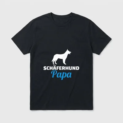 Schäferhund Papa T-Shirt – Weißer Schäferhund Standbild mit blauem Papa Schriftzug – Klassisches T-Shirt in Schwarz