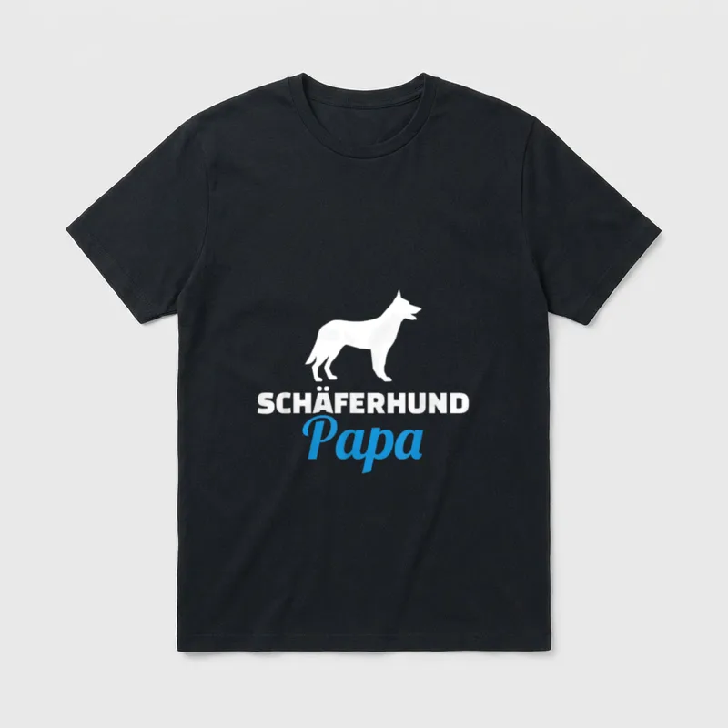 Schäferhund Papa T-Shirt – Weißer Schäferhund Standbild mit blauem Papa Schriftzug – Klassisches T-Shirt in Schwarz