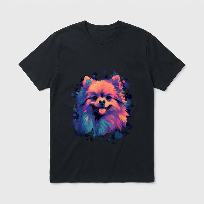Zwergspitz Color Pomeranian T-Shirt – Kolorierter Pomeranian Kopf mit bunten Pinselspritzern – Klassisches T-Shirt in Schwarz