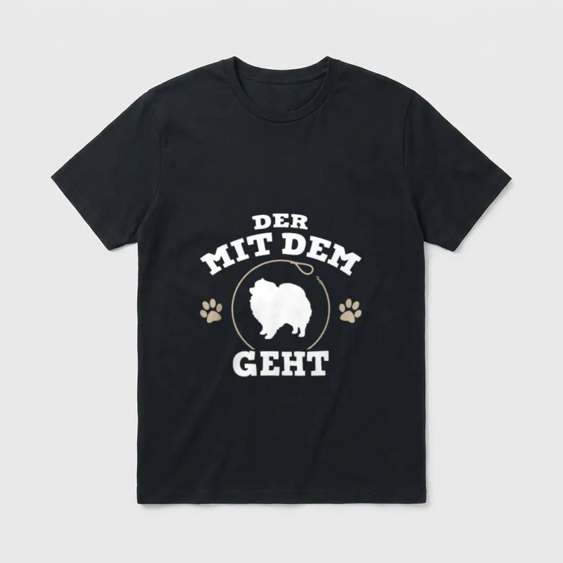 Der mit dem Zwergspitz T-Shirt – Weißer Zwergspitz mit Leine und Pfotenabdruck – Klassisches T-Shirt in Schwarz